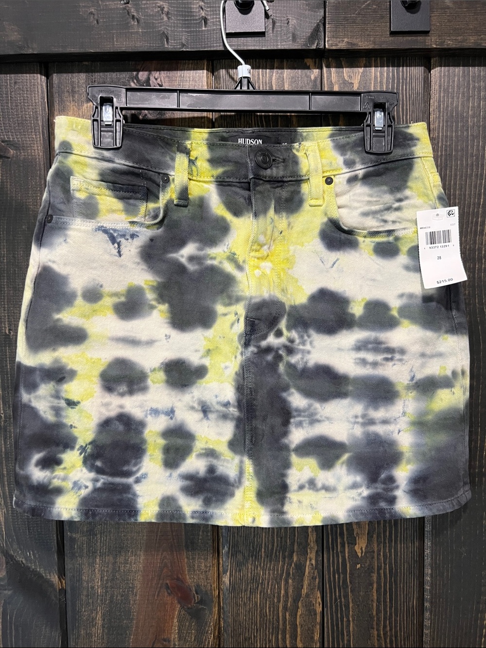Hudson Jeans Viper Black Mini Skirt 28 Tie Dye Highlighter Yellow Denim NWT